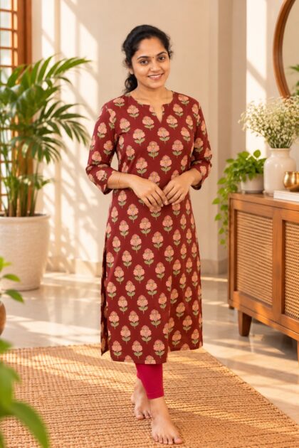 Elegant Floral Cotton Straight Kurti Red