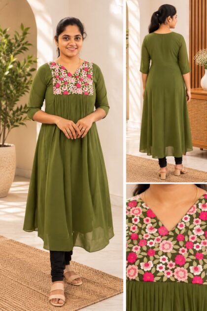 Georgette Embroidery Kurti Olive Green