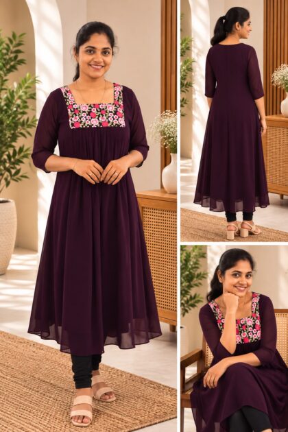 Georgette Embroidery Kurti Purple