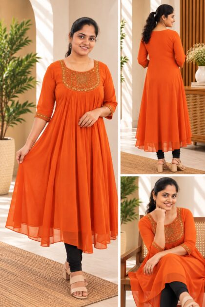 Georgette Handwork Party Wear Kurti Orange