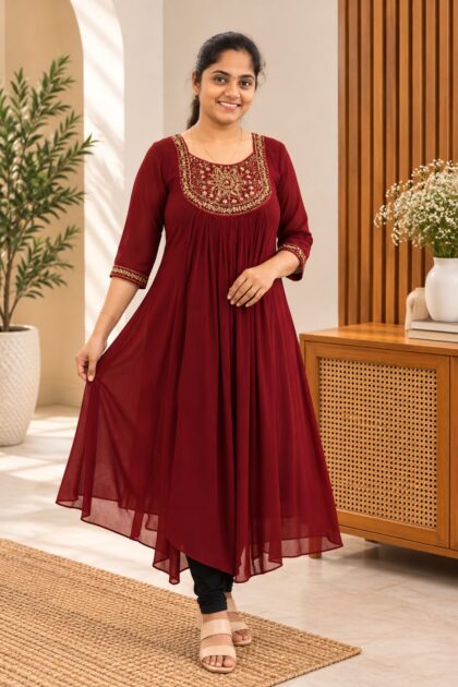 Georgette Handwork Party Wear Kurti Wine