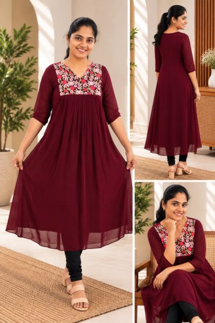Georgette Embroidery Kurti Wine
