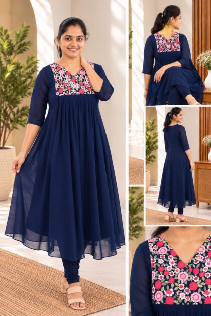 Georgette Embroidery Kurti Navy Blue