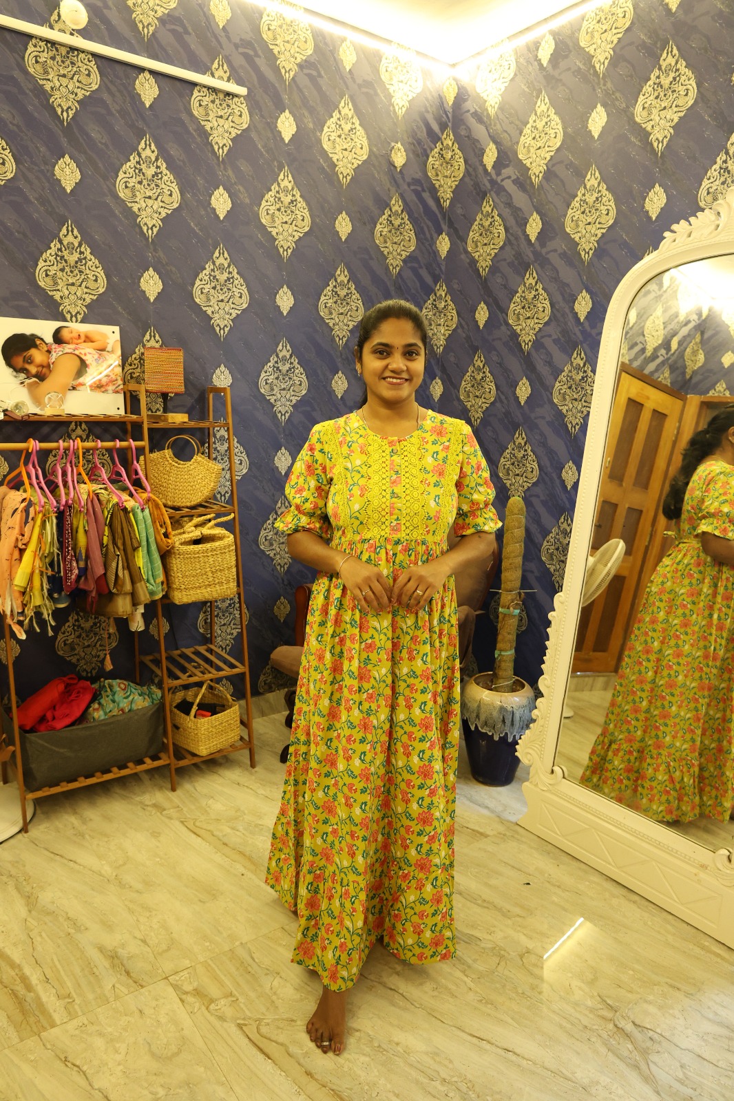 Cotton Lace Work Nighty Yellow - Image 2
