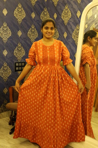 Cotton Lace Work Nighty Brick Red