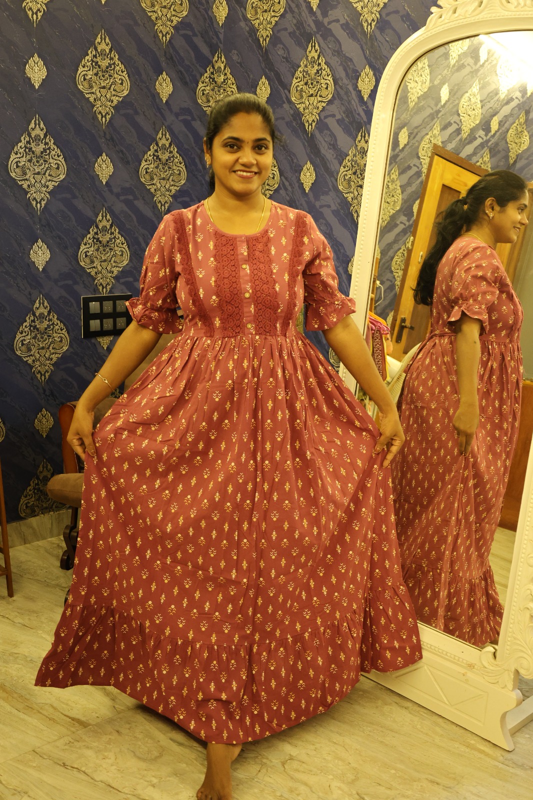 Cotton Lace Work Nighty Onion Pink - Image 2