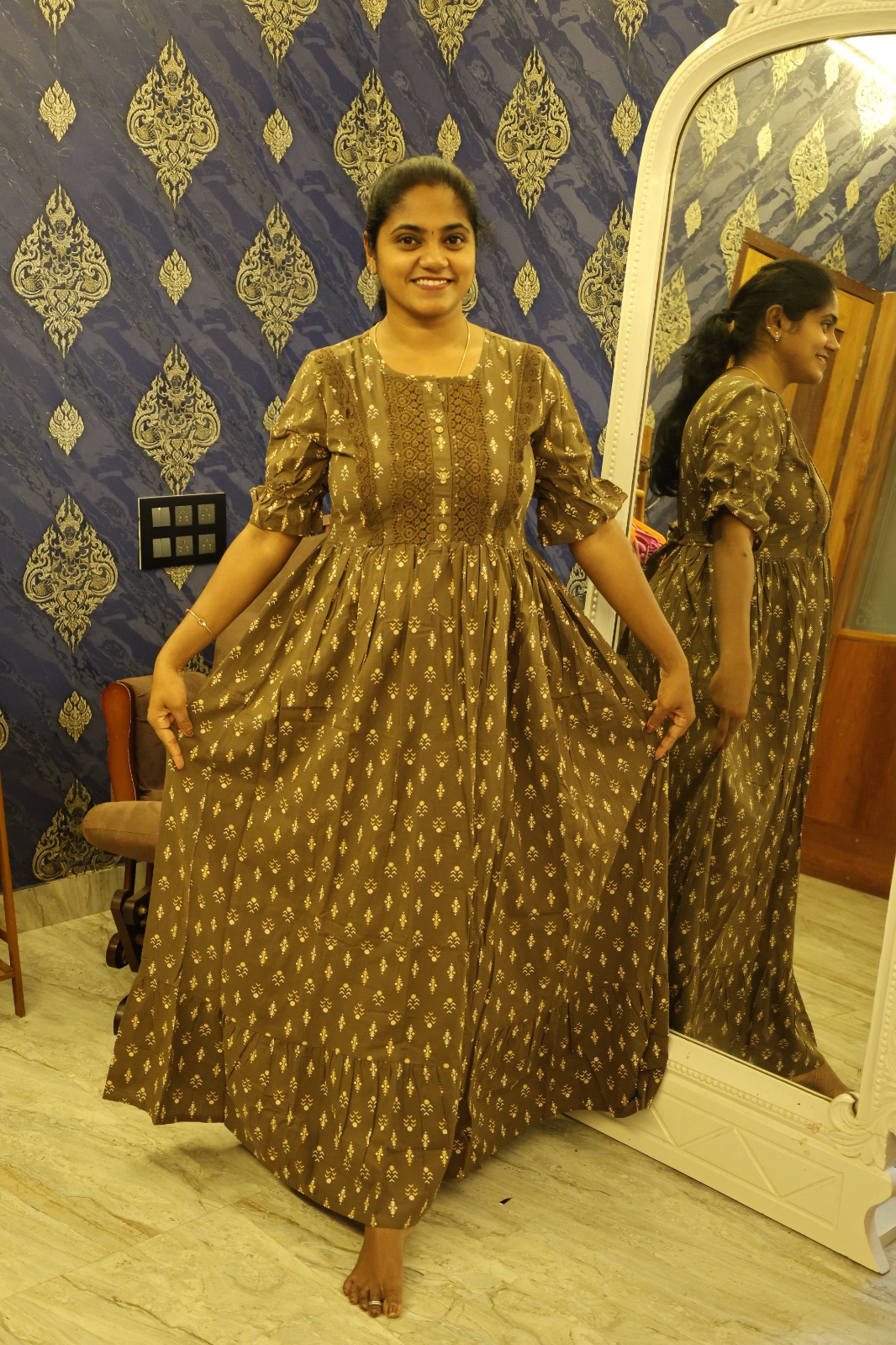 Cotton Lace Work Nighty Brown - Image 2