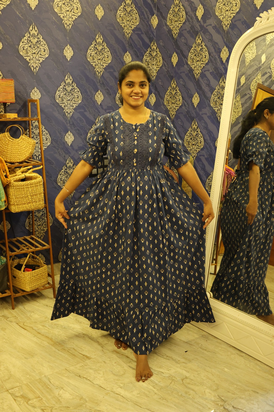 Cotton Lace Work Nighty Navy Blue - Image 2