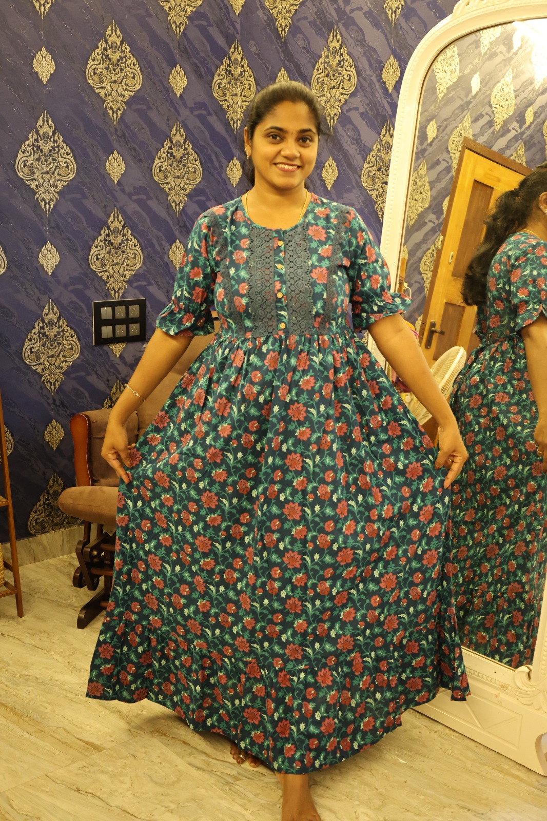 Cotton Lace Work Nighty Teal Blue - Image 2